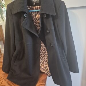 Stylish Black Pea Coat with Animal Print Lining Size 4 Petite